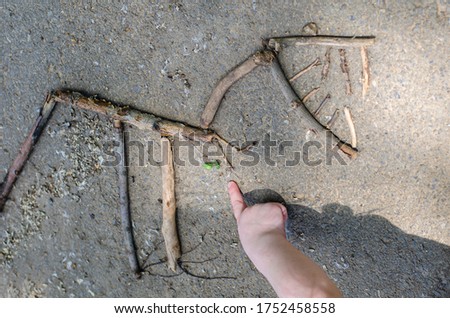 dinosaur skeleton laid out by a child from sticks on asphalt