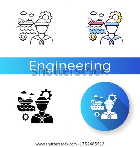 Marine engineer icon. Nautical production. Professional sailor for steering system maintenance. Mechanical worker for water transport. Linear black and RGB color styles. Isolated vector illustrations