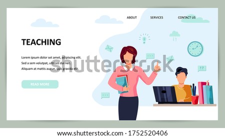 Female teacher and student is studing on computer. Place for text. Flat cartoon style design vector illustration.