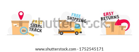 Fast ship and track, free shipping and easy returns vector illustration. Shipping icons labels flat style. Bright pics with inscriptions. Isolated on white background