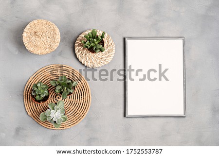 Picture frame over grey background. Mockup, copy space, top view, flat lay