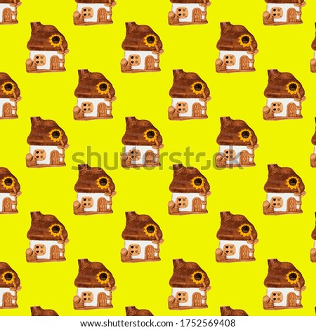 Pattern with a house. Toy house on a yellow background.