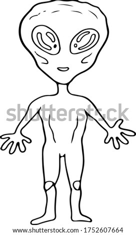 Cute doodle alien. Hand drawn outline vector stock illustration of pretty comic aliens. Isolated on white background. UFO concept. Trendy cosmic Line art.