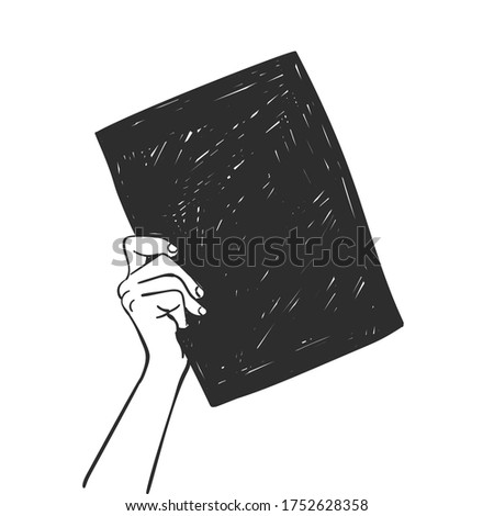 Hand holding black square banner. Vector sketch, Hand drawn illustration Royalty-Free Stock Photo #1752628358
