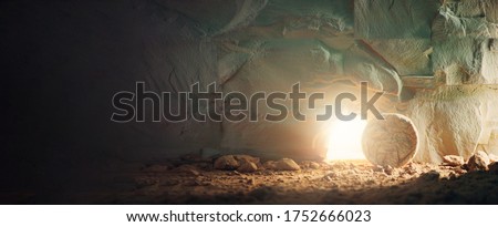 Christian Easter concept. Jesus Christ resurrection. Empty tomb of Jesus with light. Born to Die, Born to Rise. "He is not here he is risen". Savior, Messiah, Redeemer, Gospel. Alive. Miracle. Royalty-Free Stock Photo #1752666023
