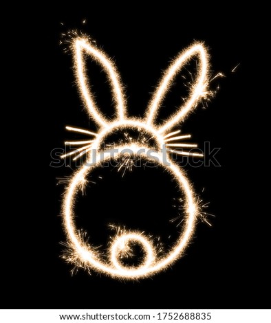Rear view of a rabbit on a black background is drawn with sparklers