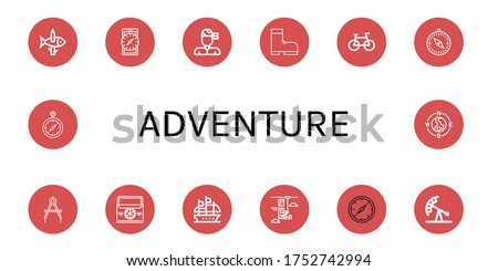 adventure simple icons set. Contains such icons as Fishing, Compass, Pirate, Boot, Bike, Thermo bag, Galleon, Zip line, Pendulum ride, can be used for web, mobile and logo