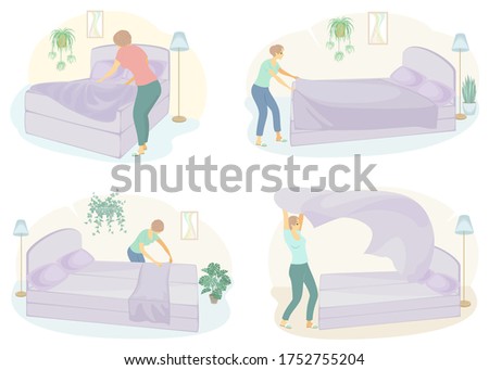 Collection. Profile of a cute lady. The girl makes the bed in the room. The woman is a good wife and a tidy housewife. Vector illustration of a set. Royalty-Free Stock Photo #1752755204