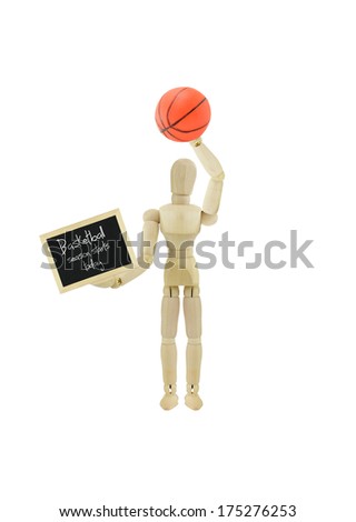 Basketball season starts tomorrow on blackboard adult wood mannequin holding basketball isolated on white background