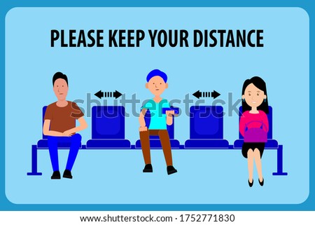 keep distance, advice for social distancing,when sitting in a chair,flat illustration cartoon social distancing