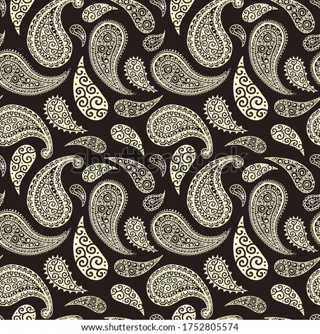 Paisley pattern, golden floral background, seamless flower and leaf ornament, vector illustration. Brown and beige abstract vintage Paisley pattern decoration, floral fabric art design background
