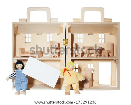 Mortgage concept. Wooden house with family isolated. With card for text