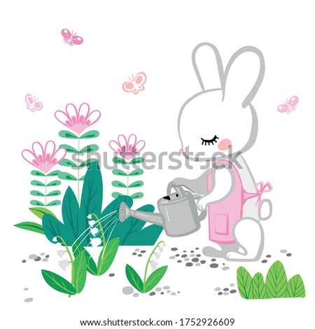 Hand drawn bunny watering flowers from a watering can on the white background