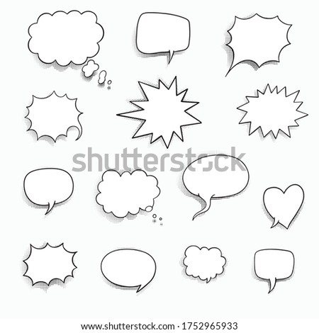 Set of empty comic speech bubbles with halftone shadows. Black and white speech balloons
