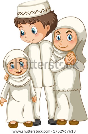 Arab muslim family in traditional clothing isolated on white background illustration