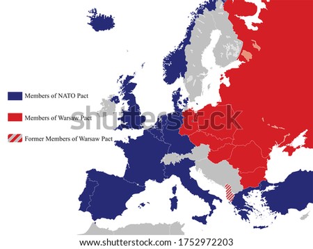 Red and Blue Flat Map of NATO and the Warsaw Pact in Europe (year 1973) inside Gray Map of European Continent Royalty-Free Stock Photo #1752972203