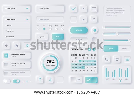 User interface elements for finance mobile app. Financial analytics, time management and planning gui templates. Unique neumorphic ui ux design kit. Manage, navigation, search form and components. Royalty-Free Stock Photo #1752994409