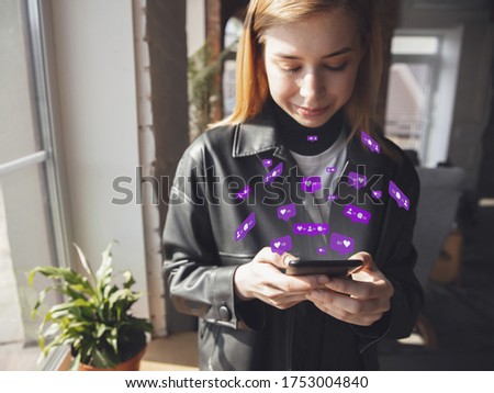 Girl connecting and sharing with social media, scrolling smartphone. Gets comments, likes. Modern UI icons, communication, devices. Concept of modern technologies, networking, gadgets. Design.
