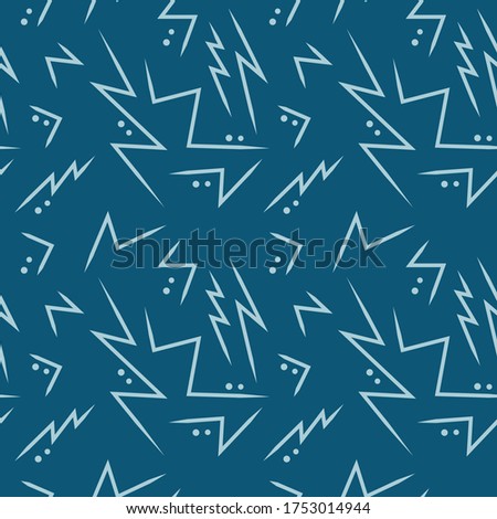 Seamless pattern of geometric jagged line and circle dots on light blue and deep navy background. Repeating abstract serration backdrop using for a paper printing, page fill, and brochure. Flash sign.