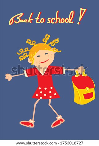 Back to school, girl with school bag, funny vector illustration on blue background