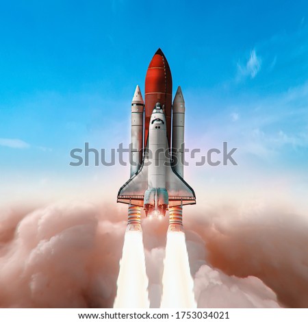 Space shuttle take off from Earth in the sky. Bright clouds. Expedition to the ISS station. Exploration of space and science. Astronomy. Elements of this image furnished by NASA
