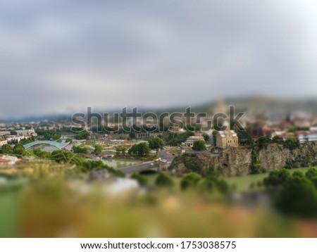 Tilt Shift photo of Tbilisi city center, Georgia. Old city on the river bank. Miniature effect.