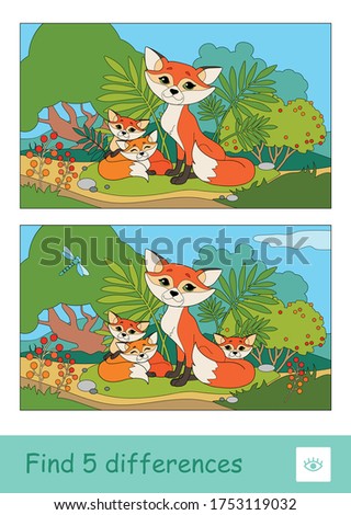 Find five differences quiz learning children game with image of a mother fox and two baby foxes sitting under the bush in a wood. Colorful image of wild animals developmental activity.
