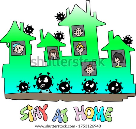 Cartoon people staying at home to be safe from corona virus looking from windows vector illustration