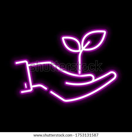 Plant in hand pink glowing neon ui ux icon. Glowing sign logo vector