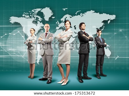 Image of businesspeople standing against world map background