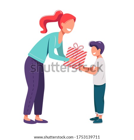 Illustration of a Giving a Gift mother and son in white background