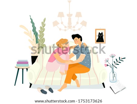 Young couple hug love scene sitting on the couch or sofa and kissing. Everyday people lives, girlfriend and boyfriend romantic evening at home. Vector hand drawn design.