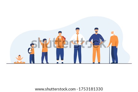 Man life cycle concept. Set of male character in different age. Baby, kid, boy, pupil, student, adult, pensioner, old man standing in line. Flat vector illustration for age and generation topics