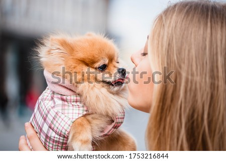 The dog kisses and sniffs the girl. Portrait of girl and dog on city background. The dog is man's best friend.