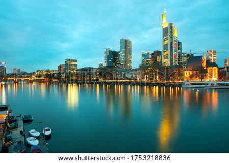 Panoramic view of River Main and City Skyline of Frankfurt at dusk, Hesse, Germany