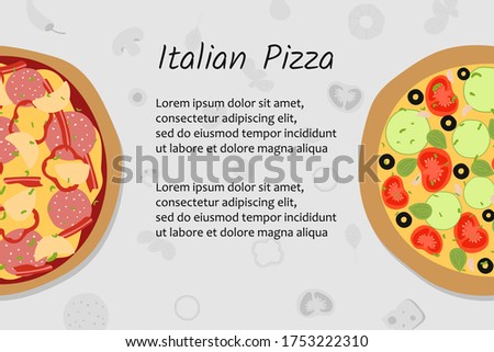 Web banner for restaurant with different kinds of pizza. Flyer for pizza advertising. Flat vector design