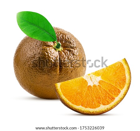 Sweet chocolate orange fruit and slice with leaf isolated on white background. Clipping Path. Full depth of field. Royalty-Free Stock Photo #1753226039