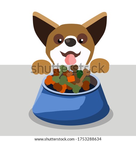 Vector illustration of a Chihuahua dog flies at the table to look at the food in the cup. Isolated on a white background.