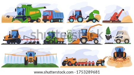 Agricultural farming machinery isolated set vector illustration. Agriculture tractor, combine harvester, seeding machine, plowing equipment machinist. Rural industrial farm machinery transport.