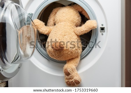Stuffed toy rabbit with his back in the washing machine. Royalty-Free Stock Photo #1753319660