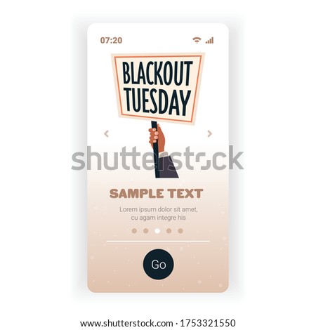 hand holding blackout tuesday banner black lives matter campaign against racial discrimination of dark skin color social problems of racism smartphone screen vector illustration Royalty-Free Stock Photo #1753321550