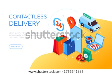 Contactless delivery - modern colorful isometric web banner with copy space for text. Safe shopping, online food ordering service and preventive measures idea. Bags at the door, pizza and wok, truck