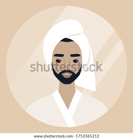 Young bearded male character wearing a towel wrapped at the side of their head, daily body care routine