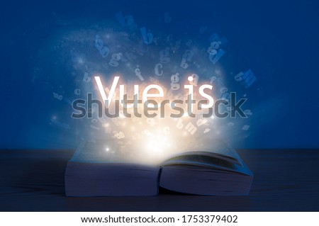 Learn Vue.js. Light coming from open book with words vue js. Education concept. Learn programming language Royalty-Free Stock Photo #1753379402