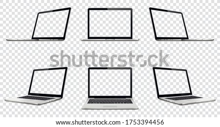 Laptop with transparent screen on transparent background. Perspective, top and front laptop view with transparent screen. Royalty-Free Stock Photo #1753394456