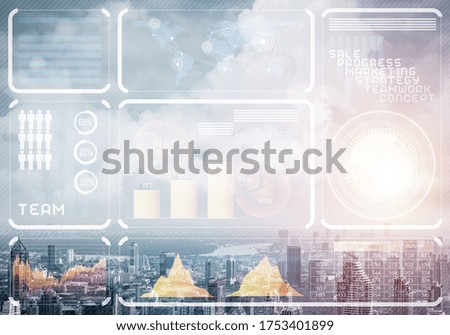 Stock market charts on background of financial district of megapolis city. Digital economy and trading. Risk management and strategy planning. Modern financial technology and data visualization
