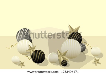 3d abstract yellow background with christmas decorations and podium. 3D spheres, black in a gold strip, light, serpentine and a gold star. 2021 year