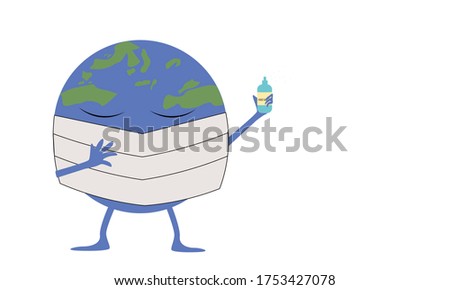 Illustration of earth wearing a mask and holding a hand sanitizer