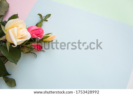 Empty notebook and bouquet of roses. Top view, flat lay with copy space.