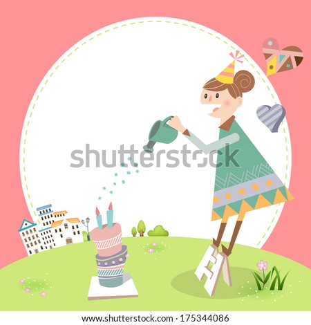 Spring frame B / Illustration for Spring season. A lovely girl and delicious cakes on the green field. 